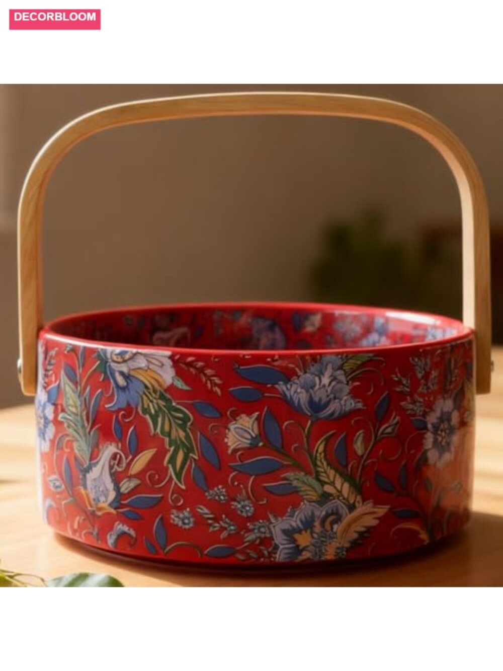 Ceramic Fruit Berry Basket Detachable Wooden Handle Candy Dish Decorative Bowl